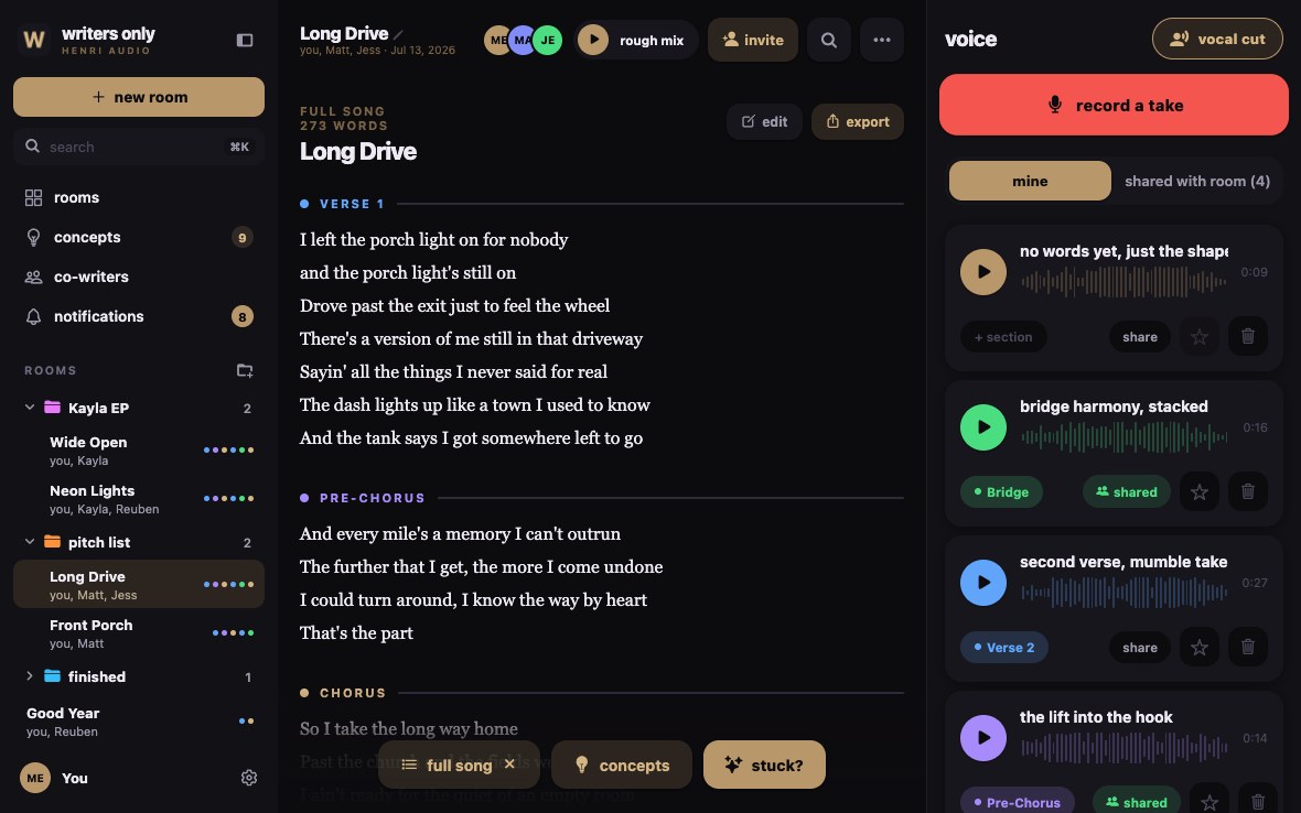 Writers Only on a computer: the song Long Drive open in full, with folders of songs in the sidebar and voice memos down the right side