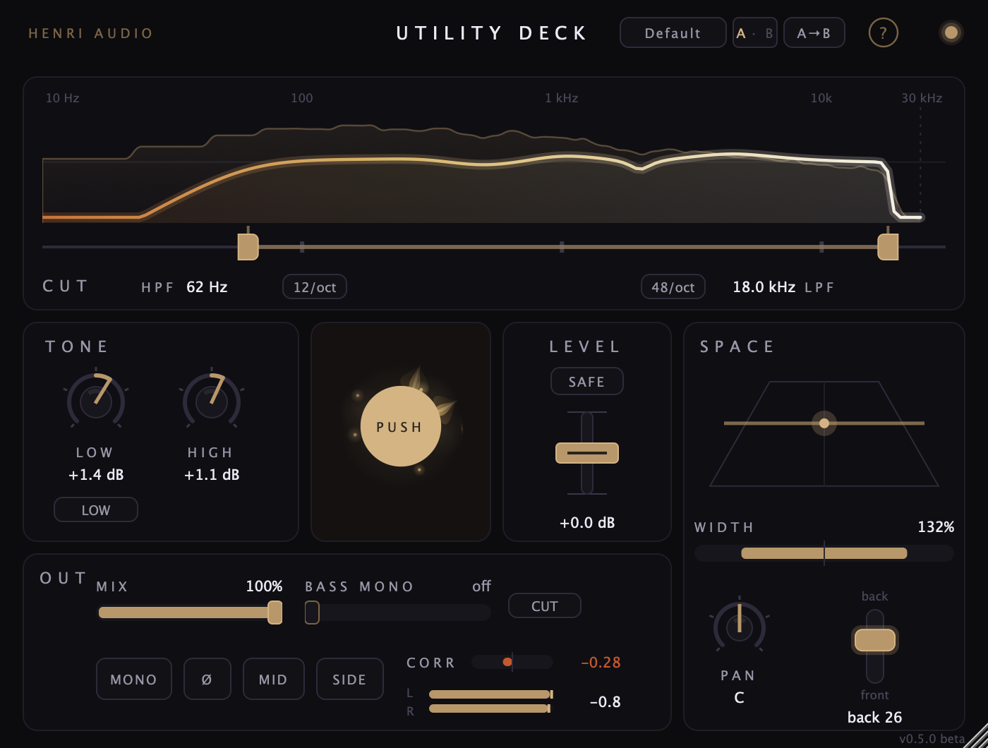 Utility Deck plugin interface — dark panel with gold knobs, response curve, PUSH button, and DEPTH slider